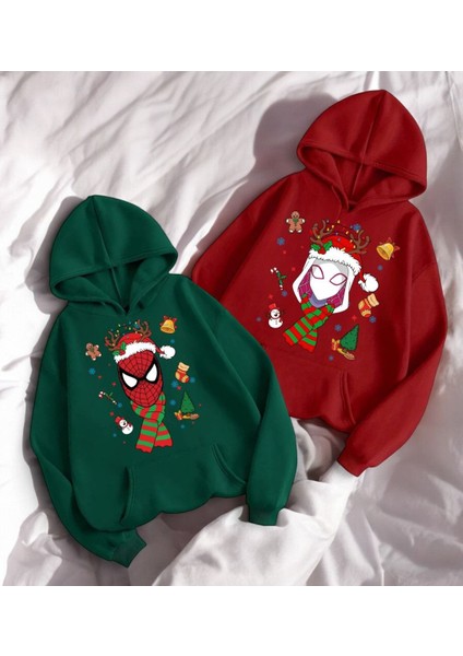 Spider Man & Girl Çift Merry Christmas Baskılı Kapşonlu Sweatshirt