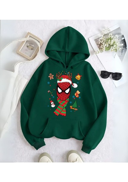 Spider Man & Girl Çift Merry Christmas Baskılı Kapşonlu Sweatshirt