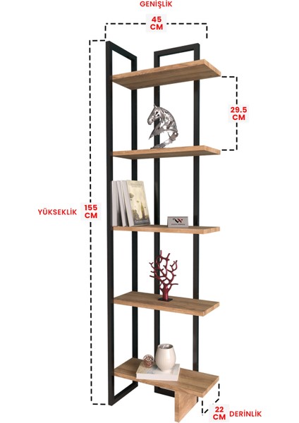 5 Raflı Modern Köşe Kitaplığı Salon Ofis Çok Amaçlı Dekoratif Ahşap Kitaplık
