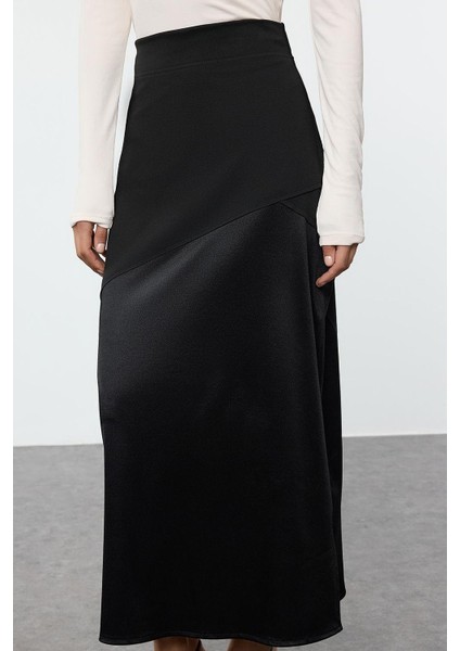 Kadın Moda Stil Midi Astarsız Örme Tesettür Saten Detaylı Örme Etek