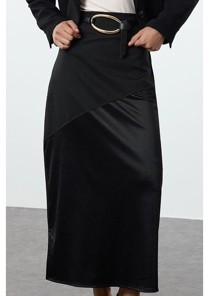 Kadın Moda Stil Midi Astarsız Örme Tesettür Saten Detaylı Örme Etek