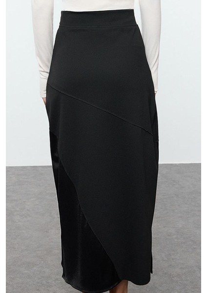 Kadın Moda Stil Midi Astarsız Örme Tesettür Saten Detaylı Örme Etek