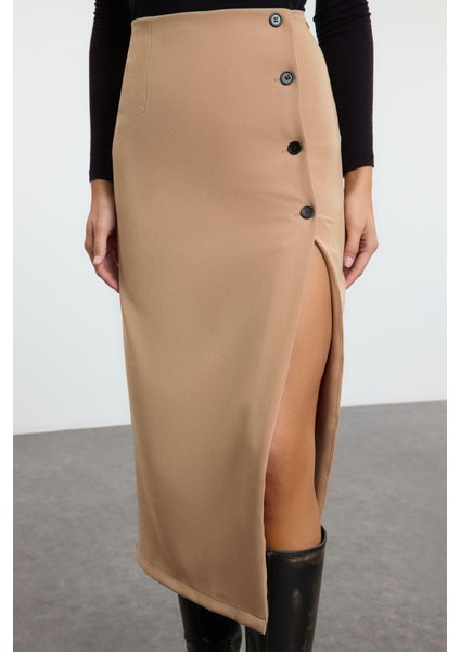 Kadın Moda Stil Maxi Astarsız Dokuma Düğme Detaylı Kruvaze Kapama Yırtmaçlı Maxi Boy Dokuma Etek