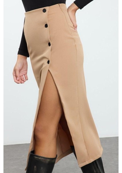 Kadın Moda Stil Maxi Astarsız Dokuma Düğme Detaylı Kruvaze Kapama Yırtmaçlı Maxi Boy Dokuma Etek