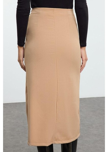 Kadın Moda Stil Maxi Astarsız Dokuma Düğme Detaylı Kruvaze Kapama Yırtmaçlı Maxi Boy Dokuma Etek