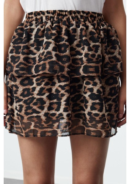 Kadın Moda Stil Mini Astarsız Dokuma Leopar Desenli Fırfırlı Mini Boy Dokuma Etek