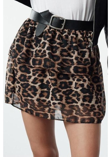 Kadın Moda Stil Mini Astarsız Dokuma Leopar Desenli Fırfırlı Mini Boy Dokuma Etek
