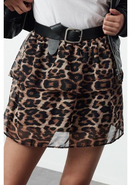 Kadın Moda Stil Mini Astarsız Dokuma Leopar Desenli Fırfırlı Mini Boy Dokuma Etek