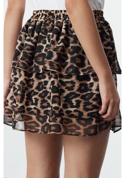Kadın Moda Stil Mini Astarsız Dokuma Leopar Desenli Fırfırlı Mini Boy Dokuma Etek