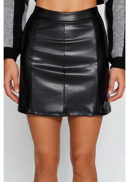 Kadın Moda Stil Mini Astarsız Örme Suni Deri Yüksek Bel Mini Etek