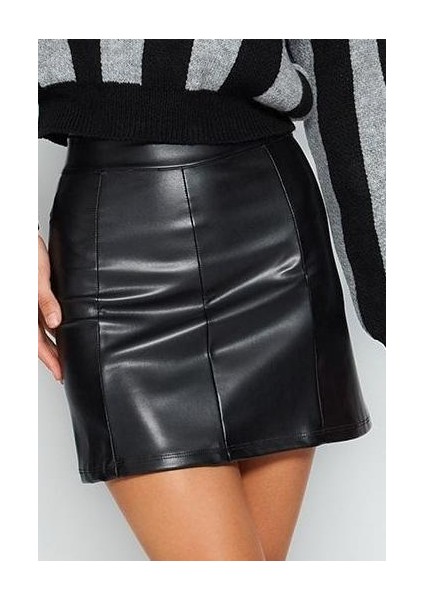Kadın Moda Stil Mini Astarsız Örme Suni Deri Yüksek Bel Mini Etek
