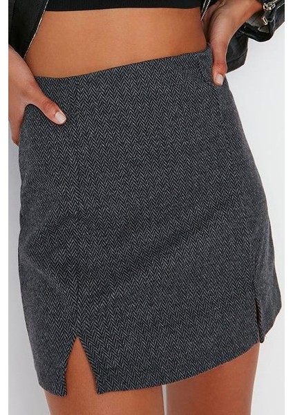 Kadın Moda Stil Mini Astarsız Örme Yırtmaç Detaylı Mini Normal Bel Örme Etek