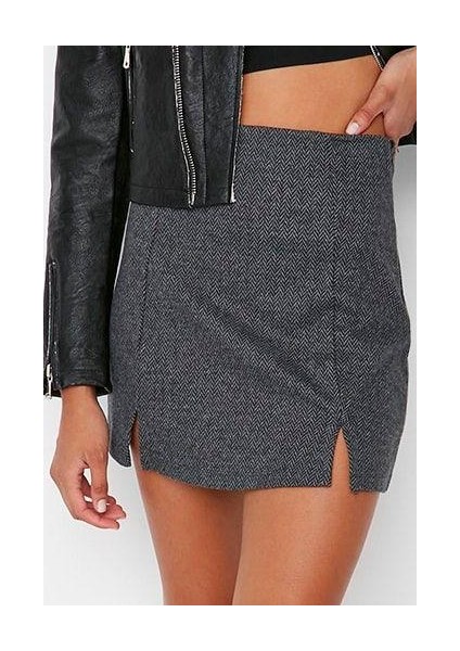 Kadın Moda Stil Mini Astarsız Örme Yırtmaç Detaylı Mini Normal Bel Örme Etek