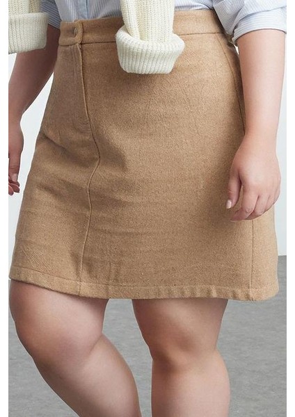 Kadın Moda Stil Mini Astarsız Dokuma Büyük Beden Düğmeli Fermuarlı Mini Dokuma Kaşe Kalın Etek