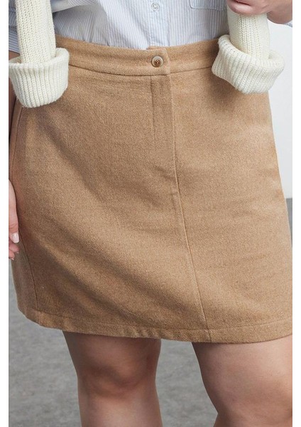 Kadın Moda Stil Mini Astarsız Dokuma Büyük Beden Düğmeli Fermuarlı Mini Dokuma Kaşe Kalın Etek
