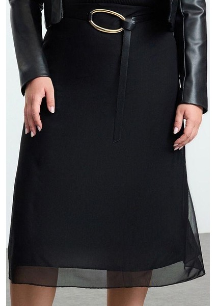 Kadın Moda Stil Midi Astarsız Örme Büyük Beden Tül Örme Etek