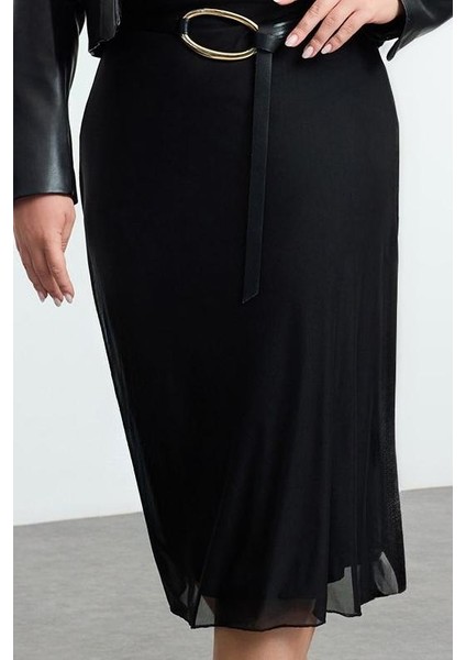 Kadın Moda Stil Midi Astarsız Örme Büyük Beden Tül Örme Etek