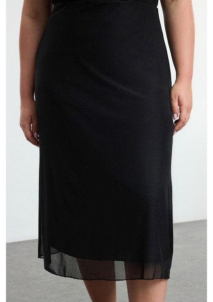 Kadın Moda Stil Midi Astarsız Örme Büyük Beden Tül Örme Etek