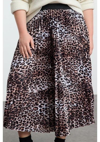 Kadın Moda Stil Midi Astarsız Dokuma Büyük Beden Esnek Lastik Belli Leopar Desenli Piliseli Etek