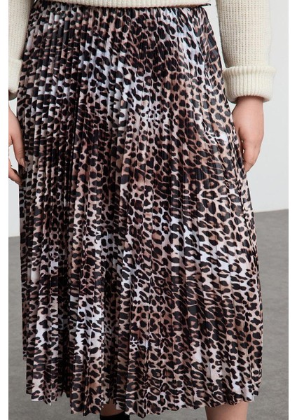 Kadın Moda Stil Midi Astarsız Dokuma Büyük Beden Esnek Lastik Belli Leopar Desenli Piliseli Etek