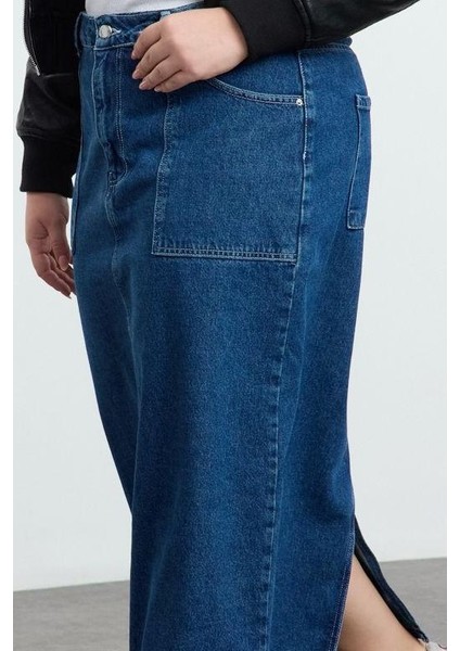 Kadın Moda Stil Midi Astarsız Denim Büyük Beden More Sustainable Cep Detaylı Midi Denim Etek