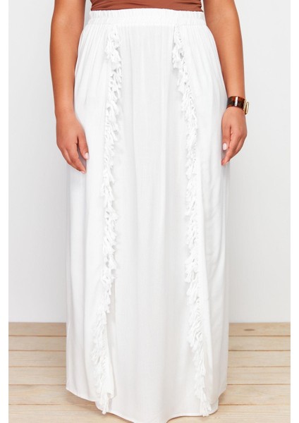 Kadın Moda Stil Maxi Astarsız Dokuma Büyük Beden Dokuma Püsküllü Yırtmaç Detaylı Plaj Giyim Etek