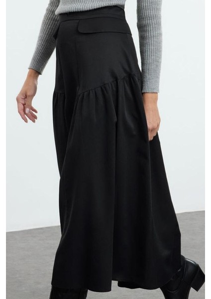 Kadın Moda Stil Maxi Astarsız Dokuma Tesettür Büzgü Detaylı Pamuklu Dokuma Etek