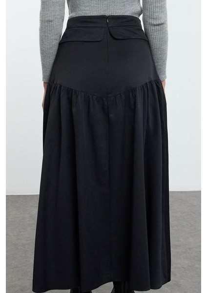 Kadın Moda Stil Maxi Astarsız Dokuma Tesettür Büzgü Detaylı Pamuklu Dokuma Etek