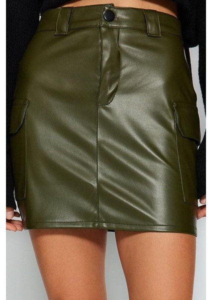 Kadın Moda Stil Mini Astarsız Örme Suni Deri Kargo Cepli Yüksek Bel Vücuda Oturan Mini Örme Etek