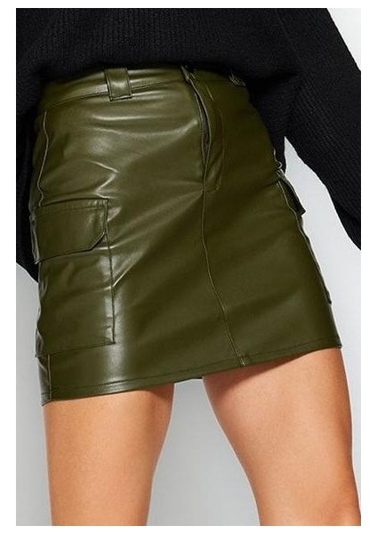 Kadın Moda Stil Mini Astarsız Örme Suni Deri Kargo Cepli Yüksek Bel Vücuda Oturan Mini Örme Etek fiyatları