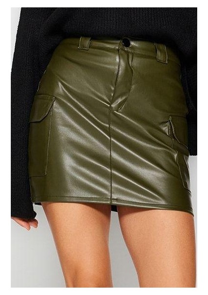Kadın Moda Stil Mini Astarsız Örme Suni Deri Kargo Cepli Yüksek Bel Vücuda Oturan Mini Örme Etek modelleri