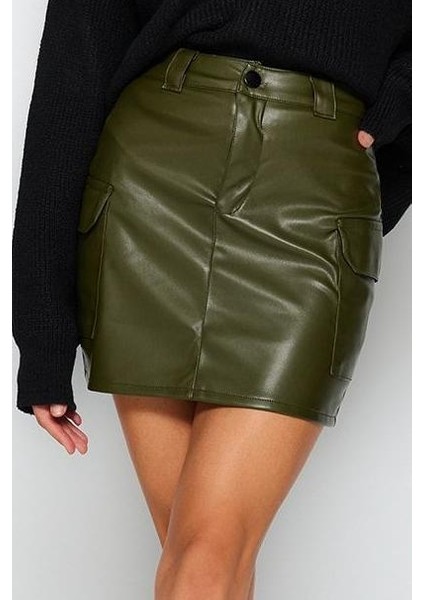 Kadın Moda Stil Mini Astarsız Örme Suni Deri Kargo Cepli Yüksek Bel Vücuda Oturan Mini Örme Etek fırsatları