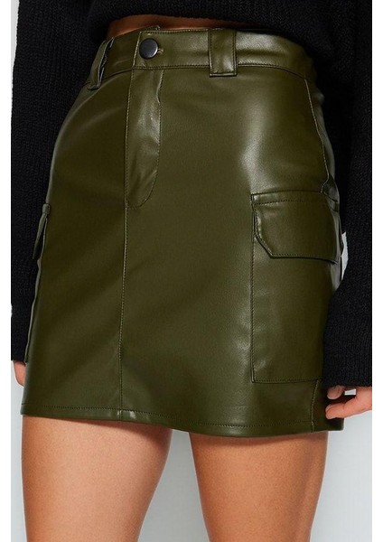 Kadın Moda Stil Mini Astarsız Örme Suni Deri Kargo Cepli Yüksek Bel Vücuda Oturan Mini Örme Etek indirimleri