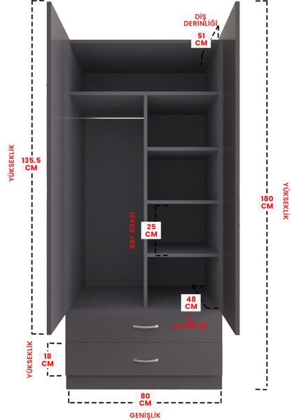 Aynalı 2 Kapaklı Gardırop 5 Raflı 2 Çekmeceli Askılı Elbise Dolabı