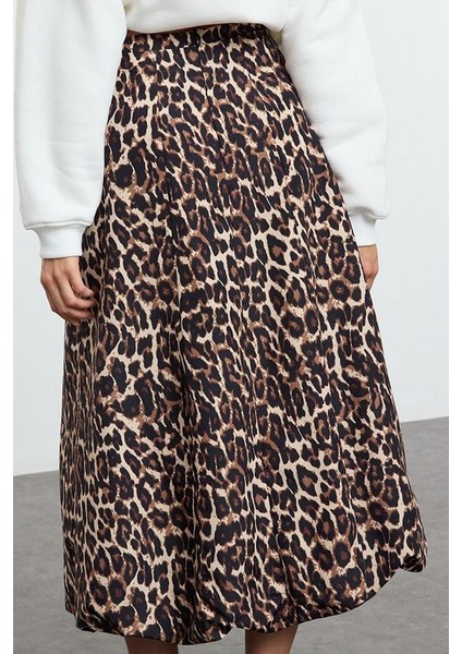 Kadın Moda Stil Regular Astarsız Dokuma Leopar Balon Detaylı Animal Desenli Maxi Boy Dokuma Etek