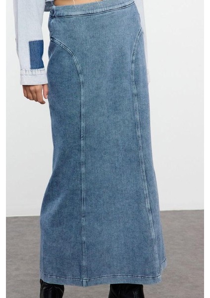 Kadın Moda Stil Maxi Astarsız Denim Dikiş Detaylı Yüksek Bel Maxi Denim Etek