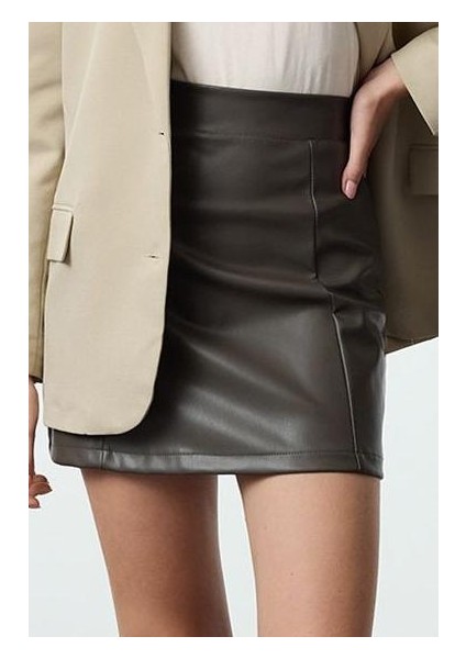 Kadın Moda Stil Mini Astarsız Örme Suni Deri Yüksek Bel Etek