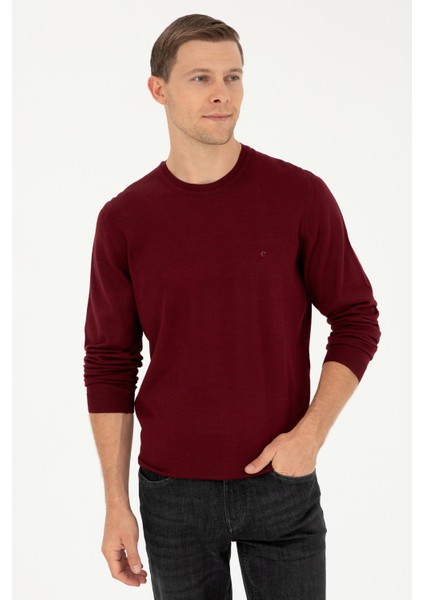 Erkek Slim Fit Basic Kazak - Bordo