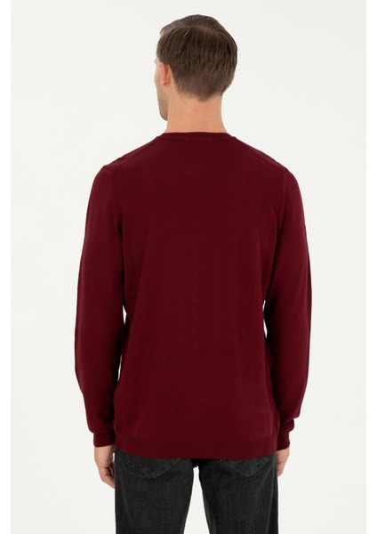 Erkek Slim Fit Basic Kazak - Bordo