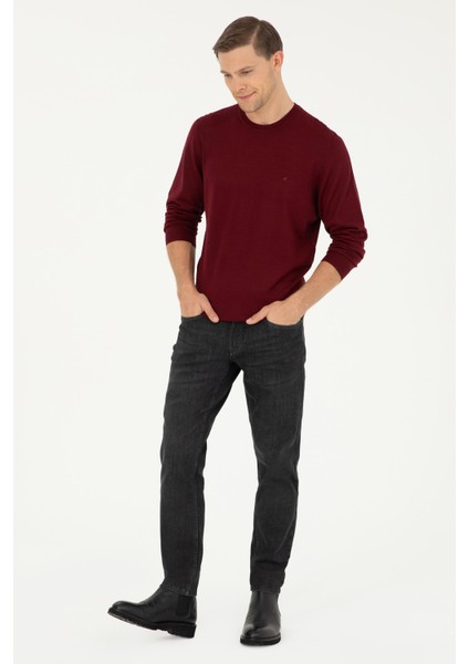 Erkek Slim Fit Basic Kazak - Bordo