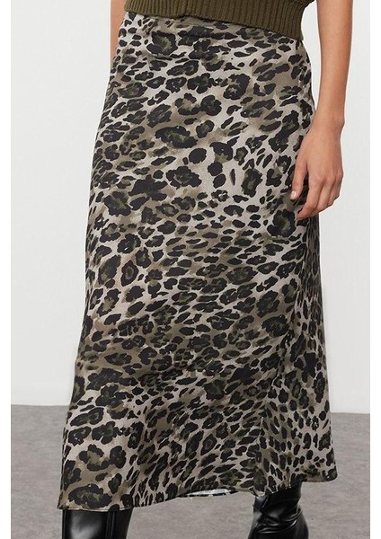 Kadın Moda Stil Midi Astarsız Dokuma Leopar Desenli Saten Midi Boy Dokuma Etek