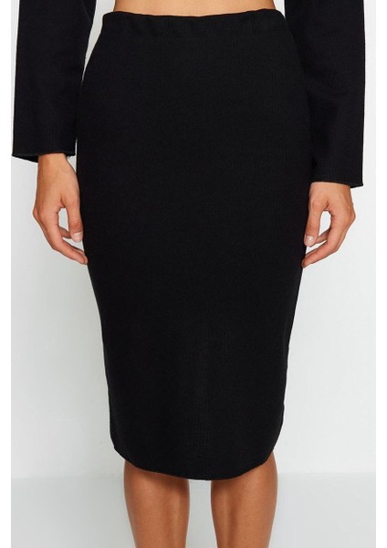 Kadın Moda Stil Midi Astarsız Örme Normal Bel Selanik Triko Görünümlü Midi Kalem Örme Etek