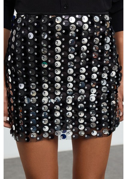 Kadın Moda Stil Mini Astarlı Örme Büyük Payetli Örme Mini Etek