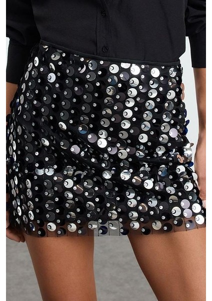 Kadın Moda Stil Mini Astarlı Örme Büyük Payetli Örme Mini Etek