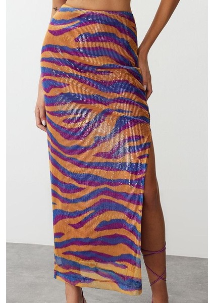 Kadın Moda Stil Maxi Astarlı Örme Desenli Vücuda Oturan Astarlı Parıltılı Pullu Örme Payet Etek