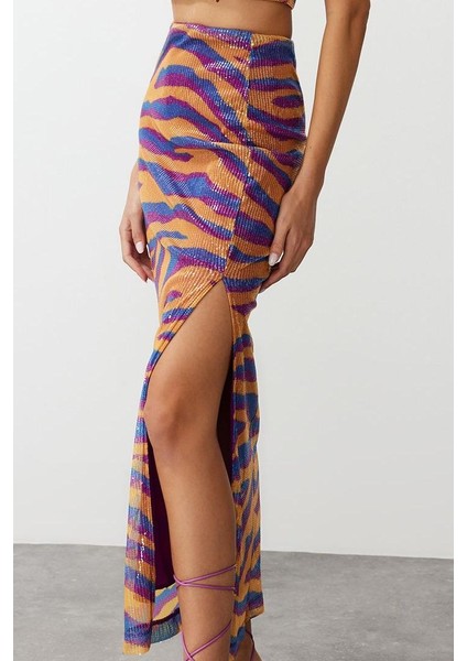 Kadın Moda Stil Maxi Astarlı Örme Desenli Vücuda Oturan Astarlı Parıltılı Pullu Örme Payet Etek