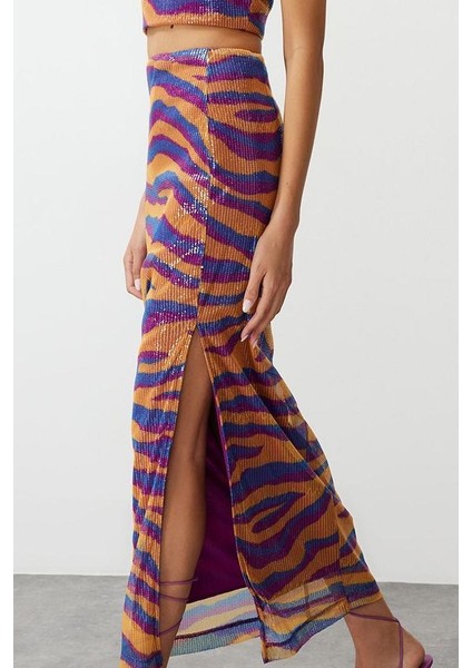 Kadın Moda Stil Maxi Astarlı Örme Desenli Vücuda Oturan Astarlı Parıltılı Pullu Örme Payet Etek