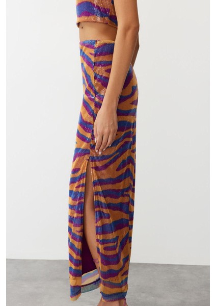 Kadın Moda Stil Maxi Astarlı Örme Desenli Vücuda Oturan Astarlı Parıltılı Pullu Örme Payet Etek