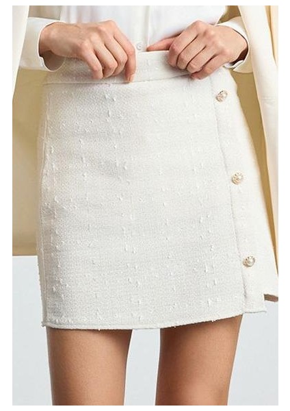 Kadın Moda Stil Mini Astarsız Dokuma Düğmeli Tüvit Kumaş Mini Dokuma Etek