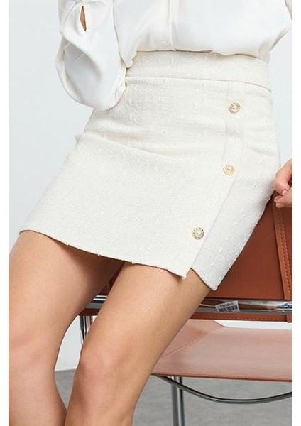 Kadın Moda Stil Mini Astarsız Dokuma Düğmeli Tüvit Kumaş Mini Dokuma Etek
